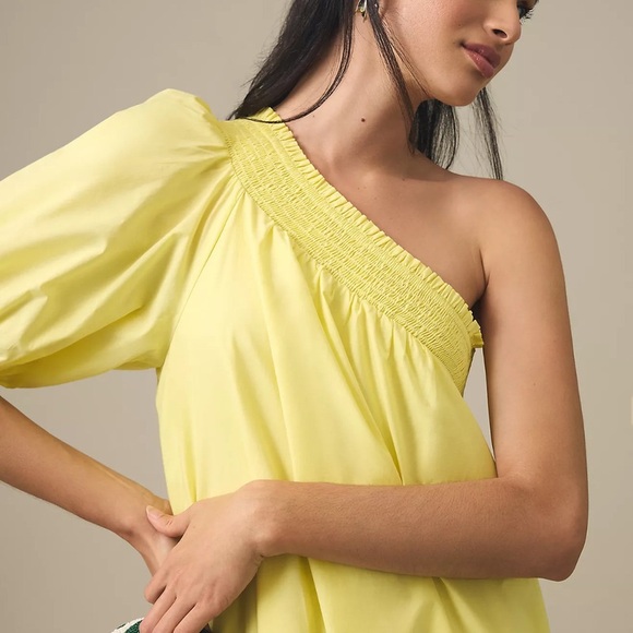 NWT ANTHROPOLOGIE MAEVE ONE SHOULDER EMBROIDER MAXI DRESS YELLOW POPLIN XS - Picture 2 of 5